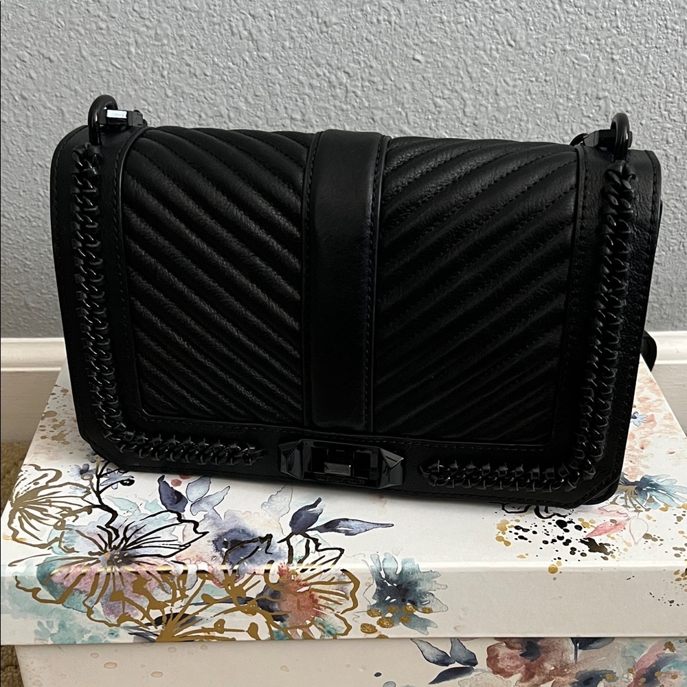 Rebecca Minkoff Black Chevron Quilted Love Crossbody with Chain Inset